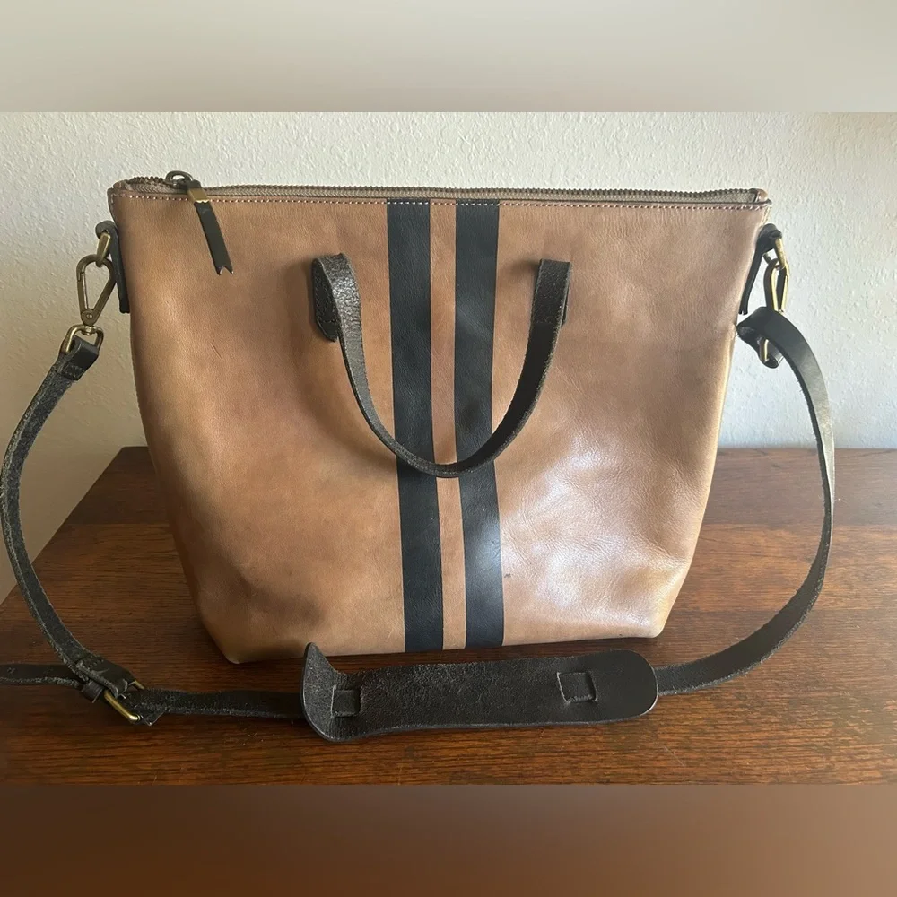 Madewell Black Stripe Brown Leather Medium Tote Crossbody Purse Preppy Old Money - Picture 2 of 11